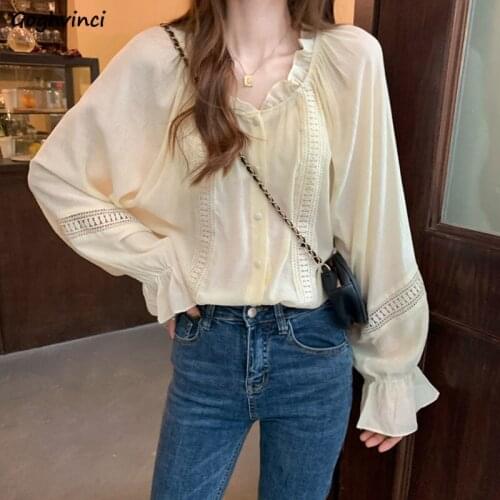 Spring Autumn Shirts Women Loose Hollow Out Long Butterfly Sleeve Female Blouses All-match Solid Retro Trendy Korean Style Chic