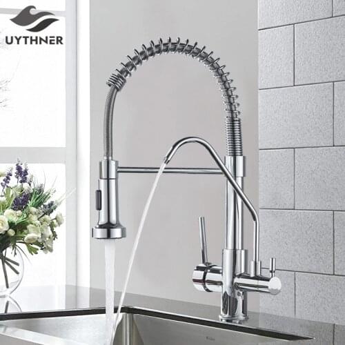 Chrome Waterfilter taps kitchen faucets Dual Handle Deck Mounted Mixer Tap 360 Degree rotation Water Purification Feature Crane