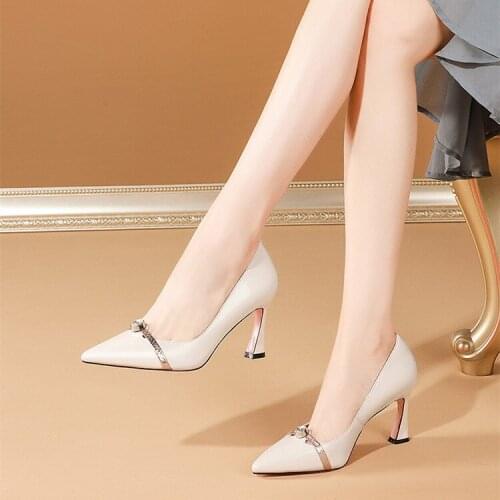 Womens shoes thick heel high heels women 2021 spring new fashion rhinestone leather womens shoes pointed shallow mouth shoes