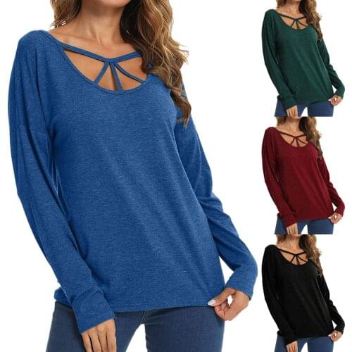 S-XXL New Autumn Watch out T-shirt Womens Casual Long Sleeve Tops Cross Pullover T-shirt V Neck Loose Blouses t shirt femme F4