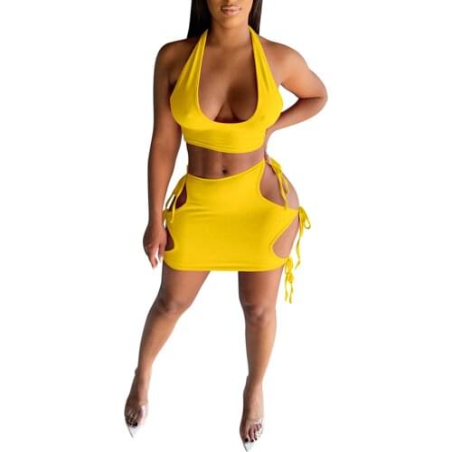 2 Pieces Swimsuit Suit Set Female Solid Color Halterneck Sleeveless Crop Tops+ Hollow Out Skirt for Beaches S/M/L/XL