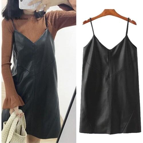 New Womens Leather Dress Casual New V-Neck Pu Leather Dresses Black Sexy Female Over Ankle Shorts Dress