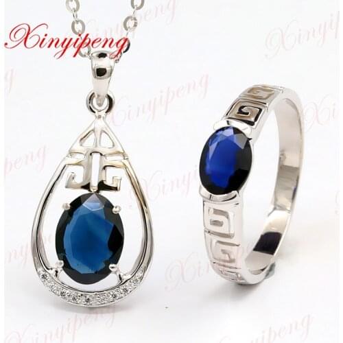 Xin yi peng 18 k white Gold inlaid natural sapphire necklace jewelry suit two-piece women Anniversary gift