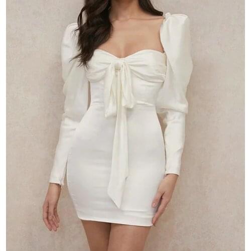 Sexy Low cut Women Retro Palace Style Puff Sleeve Dress Female Front Knot Bodycon Mini Dresses Summer Party White Robe vestidos