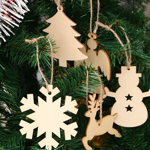 10Pcs Christmas Tree Ornaments Wood Chips Elk Bell Santa Home Decoration Christmas party Decor Hemp rope wood chips