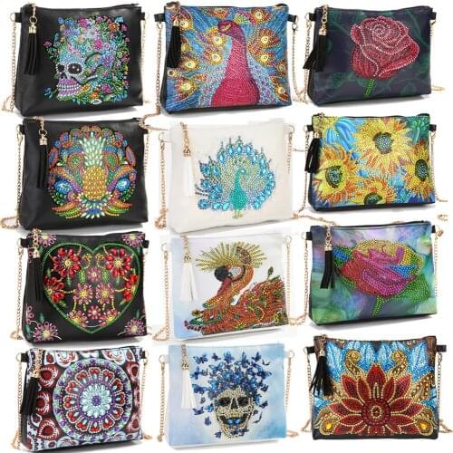 5D DIY Diamond Painting Peafowl Butterfly Flower Leather Crossbody Chain Bags DIY Diamond Embroidery Bag Wallet Pouch Sunflower