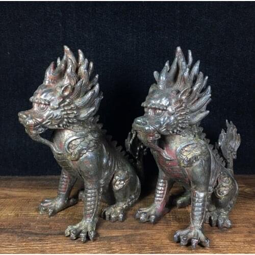 6" Tibet Buddhism Temple Bronze Cinnabars Unicorn statue Legendary beast fire unicorn statue A pair Fortune and evil spirits