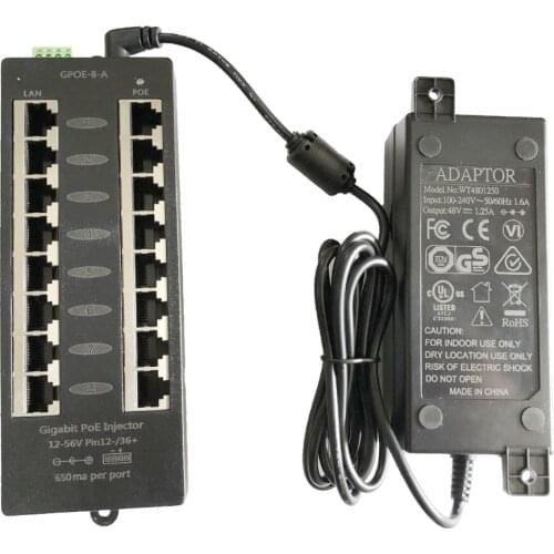 8 Port Gigabit Power over Ethernet PoE Injector for 802.3af/Passive 802.3at Devices with 48v60w Power Supply: GPOE-8A-48v60w