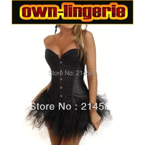 Free Shipping 6 Colors Black Overbust Bustiers with Tutu Strapless Paillette Corsets corset clothing studded corset w7060