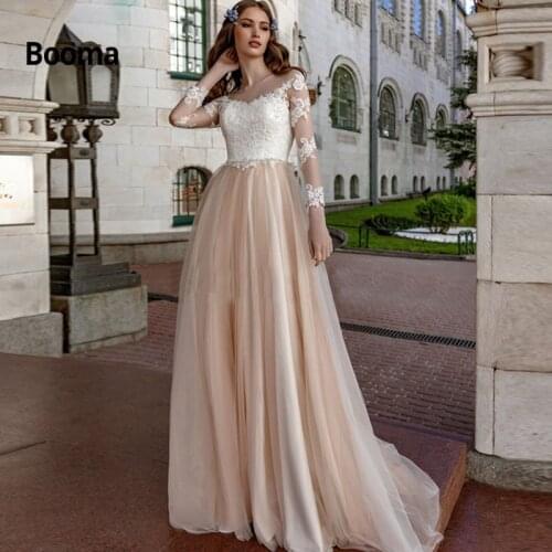 Booma Elegant Lace Appliqued Wedding Dress Back illusin Beading Long Sleeve Bride Gowns A line Princess Vestido De Novia