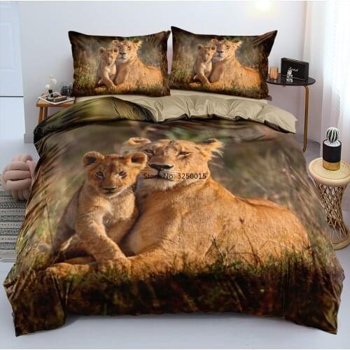 3D Black Bed Linens Animal Duvet Cover Sets Pillow Slips Queen Super King Twin Full Size Lion Mother and Son Embrace Bedclothes