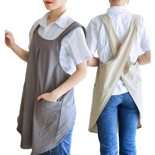 Cotton Linens Apron for Kitchen Retro Solid Color Strap Pinafore with Pocket Baking Accessories Household Master Coffee Bar