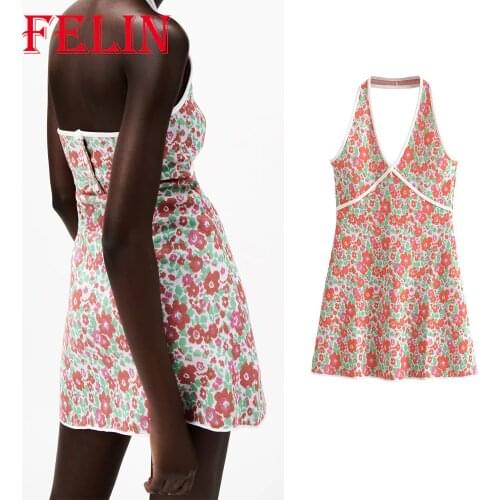 FELIN Za 2021 Sexy Floral Mini Dress Women Backless Neck-Mounted Knitted Cotton Beach Dress Summer Chic Mujer Vestidos