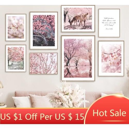 Canvas Painting Nara Deer Sakura Quote Lake Water Tree Wall Art Nordic Posters and Prints Pictures for Living Room Decor
