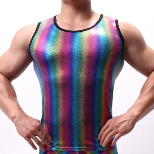 Men Tanks Tops Rainbow Shinny Sleeveless Shirts Chaleco Hombre Clothes Gay Clubwear Undershirts Streetwear Tops S-XL