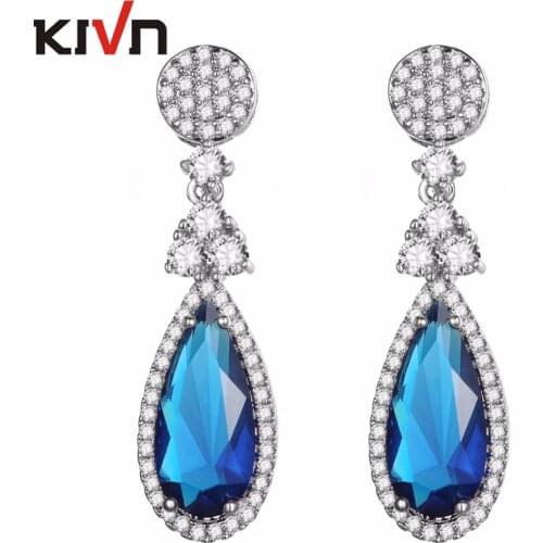 KIVN Fashion Jewelry Luxury Drop Dangle Pave Blue CZ Cubic Zirconia Wedding Bridal Earrings for Women Birthday Christmas Gifts