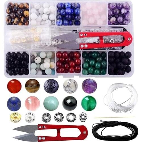Kili Gem Bead Box Set Round Loose Stones Natural Amethyst Lava Mixed Color Bracelet Jewelry Making Tool Kit