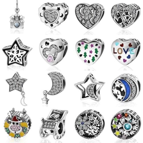 NEW 100% 925 Sterling Silver Charm Vintage Cubic Zirconia Stone Star Antique Hollow Moon Beads Fit Women Bracelet Jewelry Gift