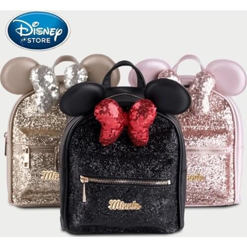 New Disney PU Leather Bow Sequined Minnie Backpack Disneyland Girl Fashion Backpack Women Bag Trend All-match Limited Collection