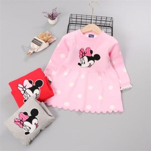 Disney Minnie Mouse Dress Christmas Princess Dress Cartoon Knitted Costumes Winter Baby Girls Vestido Cute Knitwear Kids Clothes