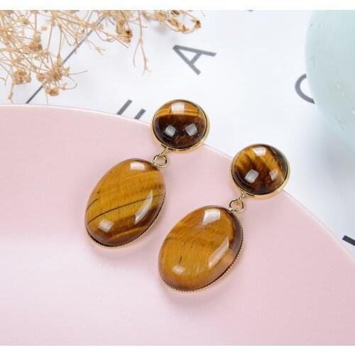 Luxury Oval Natural Stone Drop Earrings For Women Trendy Round Tiger Eye Dangle Earrings Female Wedding Gold Plated Jewelry