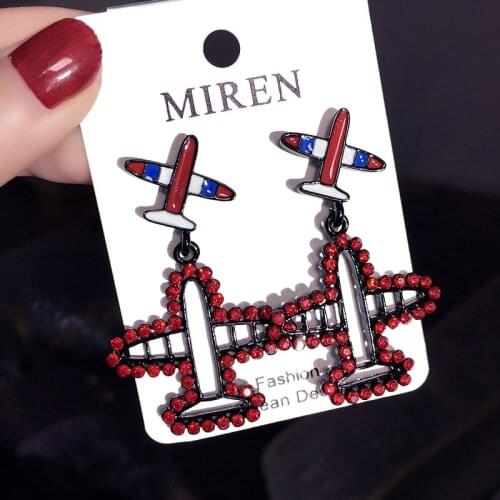 Korean trendy red crystal airplane drop dangle earring for women jewelry
