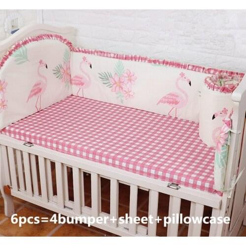 Discount! 6pcs Flamingo Baby bedding sets 100% cotton bedclothes Cartoon crib bedding set ,include(4bumper+sheet+pillowcase)