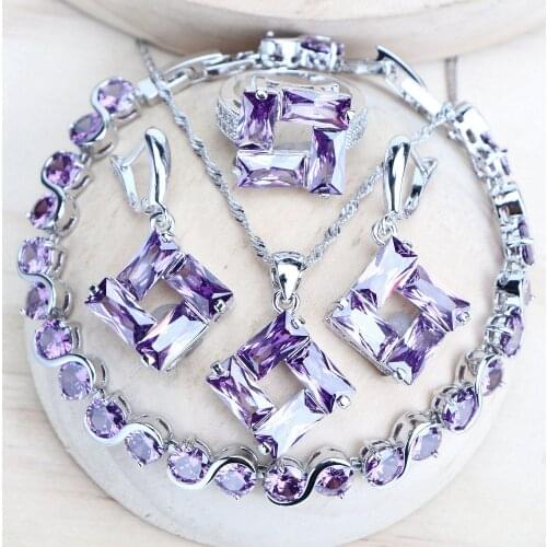 Women Silver 925 Bridal Jewelry Sets Purple Zirconia Costume Jewellery Wedding Ladies Earrings Rings Pendants Bracelets Necklace