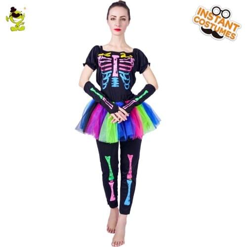 Womens Skeleton Costume Adults Day Of Dead Skirt Funky Bone Skeleton Colorful Halloween Fancy Dress Costume