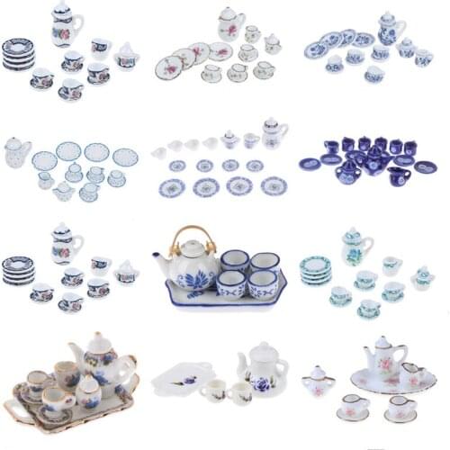 1/12 Dollhouse Tableware Porcelain Miniature Tea Cup Sets Mini Teapot Coffee Plate Play Kitchen Dining Ware Toy 3/6/8/15pcs