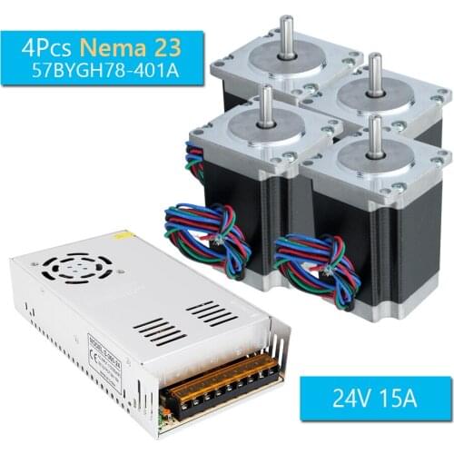 4pcs Nema23 CNC Router Stepper Motor 2 Phase 4-Wire 57BYGH78-401A Single Shaft + 360W 24V 15A Switching Power Supply PSU