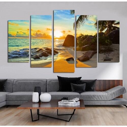 5 Panels Beach Landscape Posters And Prints Canvas Painting Sea Sunset Big Size Wall Art Pictures For Living Room Home Decor
