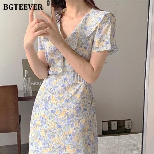BGTEEVER Elegant Women Chiffon Dress V-neck Ruffles Slim Waist Female Midi Dress Summer Ladies Short Sleeve Floral Vestidos 2021