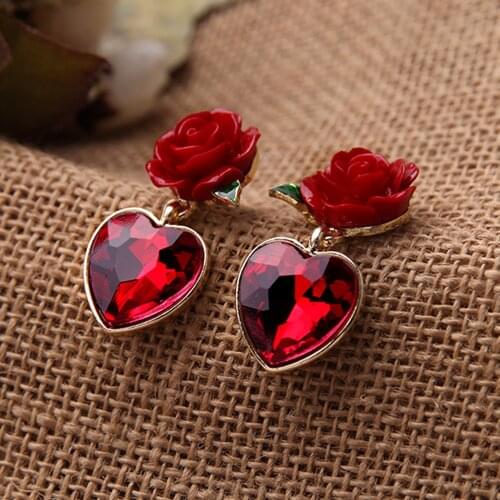Bohemia Fine Jewelry Red Heart Pendant Rose Stud Earring Female Fashion Accessories Crystals Stud Earring Bridal Jewelry