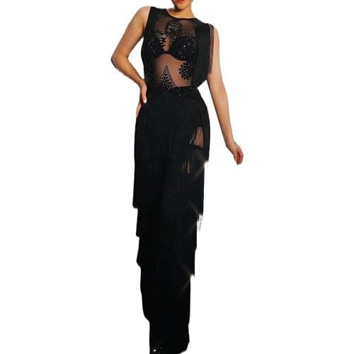 Black Sleeveless Rhinestones Pattern Printing Jumpsuits Mesh Gauze Perspective Tassel Straight Pants Women Nightclub Dance Wear