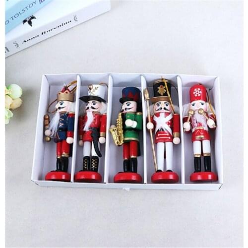 5pcs/set Wooden Nutcracker Puppet Zakka Creative Desktop Decoration Christmas Ornaments Drawing Walnuts Soldiers Band Dolls 12cm