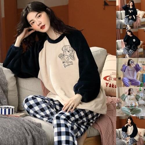 Plus Size Plush Pajamas Cartoon Sleepwear Women Set Round Neck 2 Piece Pajama Set Autumn Winter Thick Casual Home Wear