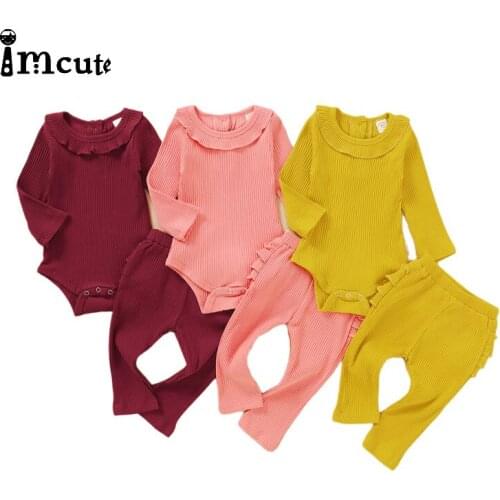 Imcute 2020 Baby Boys Girls Autumn Clothes Pure Color Knitted Ruffles Bodysuits Tops Pants Toddler Infant Baby Clothing Outfit