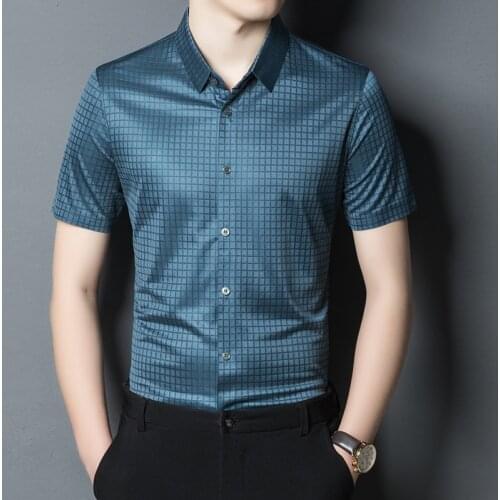 Quality Blue Plaid Silk Shirts For Mens Summer Comfortable Business Work Shirts Mens Wide Clothes Check Middle-aged Office Wear