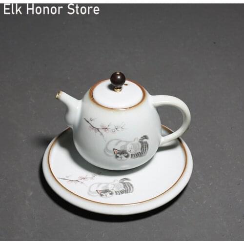 250ml Retro Ru Kiln Ceramic Teapot Handmade Gracked Glaze Cat Pets Art Tea Maker Household Teakettle Kung Fu Tea Master Pot Gift