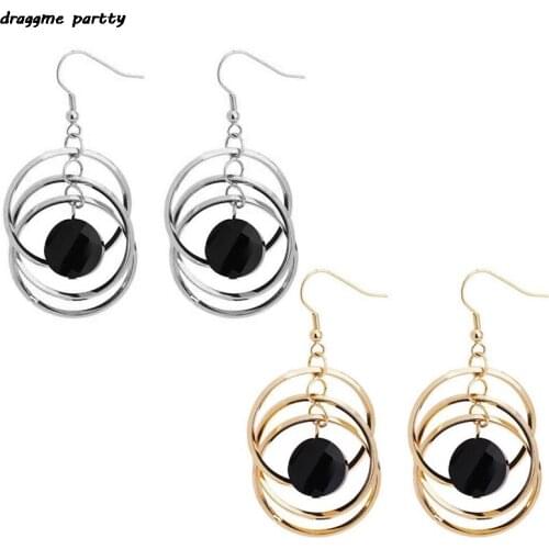 New Personality Multi-ring Black Crystal Earrings Female Wedding Party Luxury Temperament Creative Jewelry