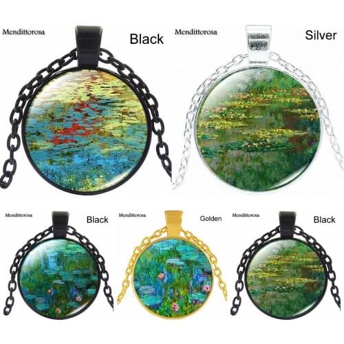 For Lovers Girl Friend Best Gift Punk Jewelry With Glass Cabochon Choker Long Pendant Necklace Monets Water Lily Pond