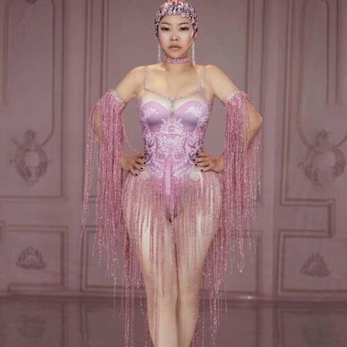Spandex Nightclub Bodysuit Pink Tassels Stage Costume For Party Singer Pole Dance GoGo DJ Costume Leading Dance Jumpsuit DT954