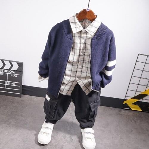 Baby Boy Clothing Set Spring and Autumn Baby Boys Cotton Cardigan Sweater + Shirt + Cargo Pants 3pcs Baby Boy Clothes Set