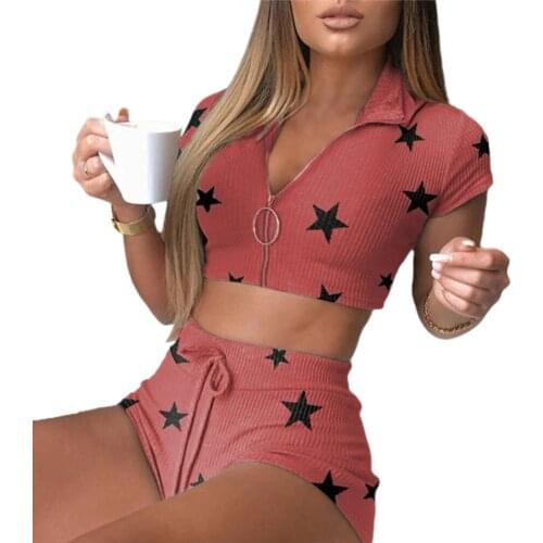 Women 2Pcs Stars Print Outfits Lady Girls Short Sleeve Zipper Crop Tops+Drawstring Shorts Clothing Set Suits