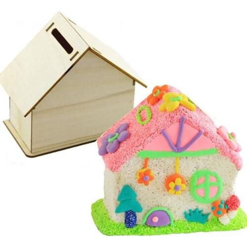 Creative DIY Wooden White Billet Bank Childrens Handmade House Coloring Piggy Bank Home Table Decor