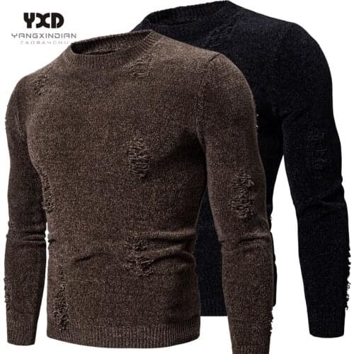 Mens clothes Man Sweater Pullover Men Clothing Mans Sweaters Jumper Men Solid Casual Slim Fit Hole Warm Knitted Sweater Pullover