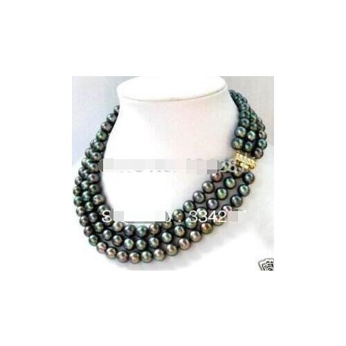 Natural freshwater pearls 3 row 8-9MM Black Pearl Necklace>>> women jewerly Free shipping