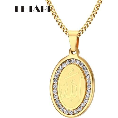 LETAPI 2020 New Gold Color Stainless Steel CZ Stone Muslim Islam God Allah Pendant Necklace for Men and Woman