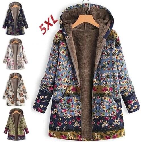 Winter Warm Coat Women Leaves Floral Print Long Sleeve Hooded Coat Parkas Casual Pockets Fluffy Fur Fleece Zipper Coat Outwear